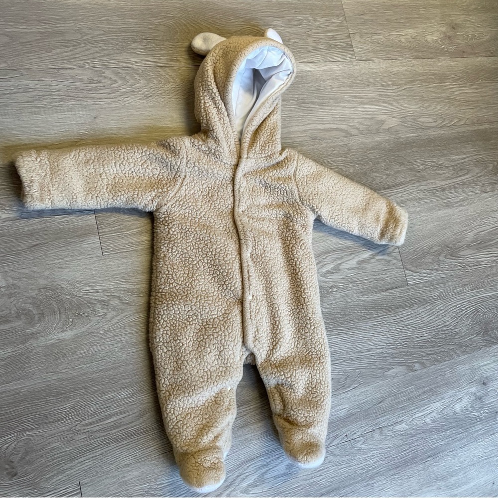 Solid Hooded 3D Bear Design Long-Sleeve Baby Jumpsuit